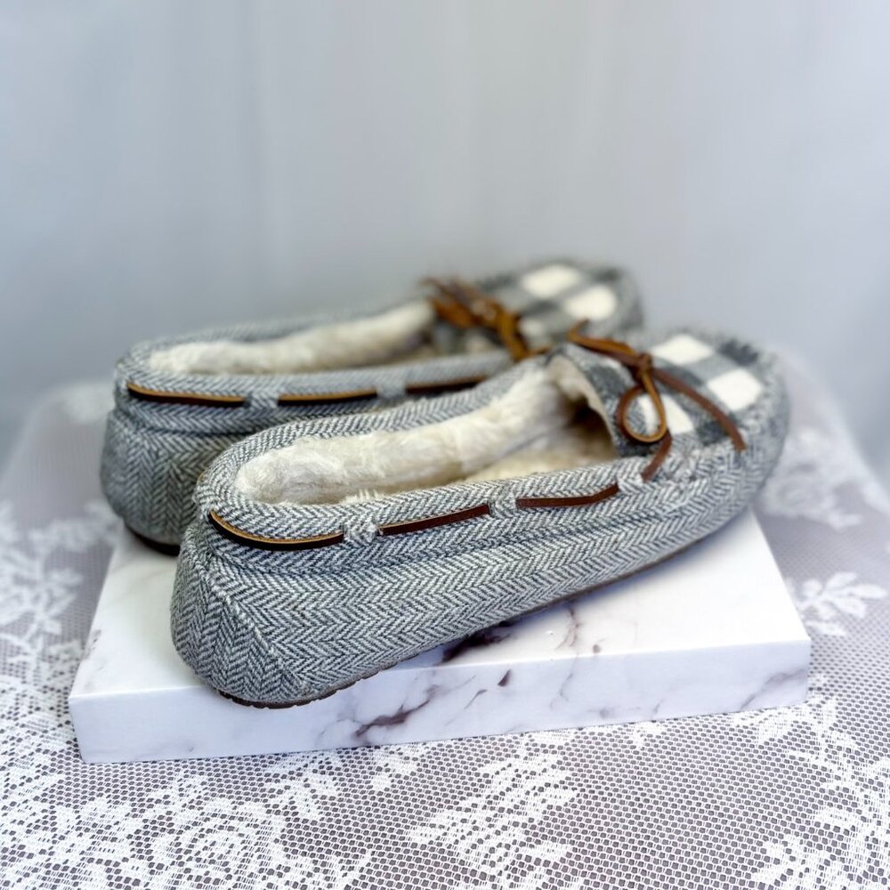 Minnetonka Cozy Wool Slippers Grey Herringbone Faux Fur Lining Slip On Shoe - Picture 5 of 8